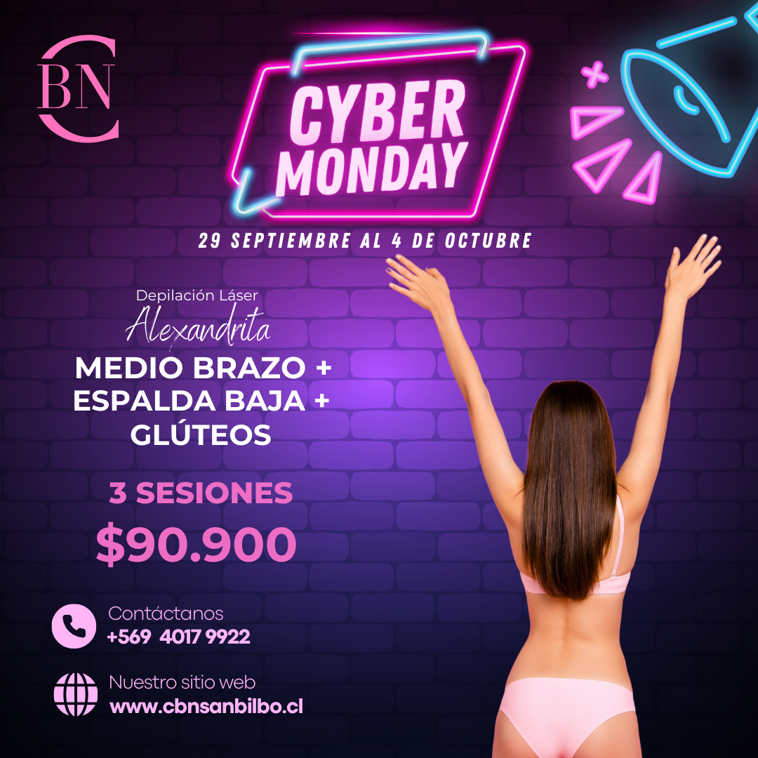 3 SESIONES DE MEDIO BRAZO + ESPALDA BAJA + GLÚTEOS - CYBERMONDAY